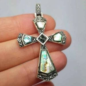 Large Inlay Pau Shell Milano Sterling Silver Cross Pendant